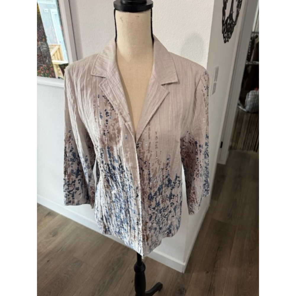 Coldwater Creek 100% Linen Blazer Jacket Beige Blue Floral Print 3/4 Sleeve